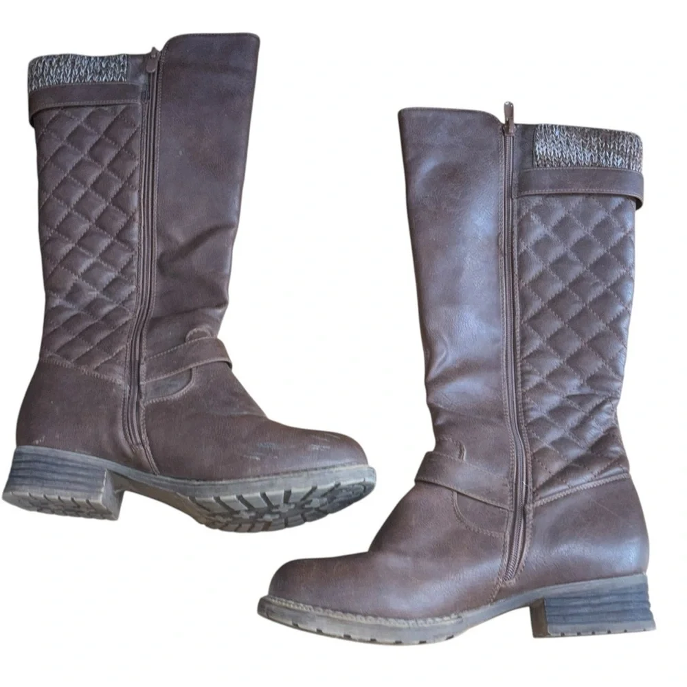 Knee High Brown Quilted Knit Riding Boots Women’s 7.5 Gold Buckle Zipper Accent - Picture 2 of 16